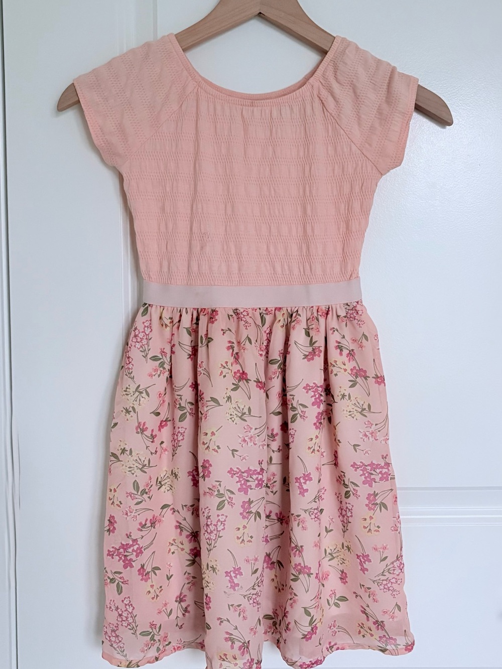Place Peach Knit Bodice Floral Skirt Dress. Girls 7/8